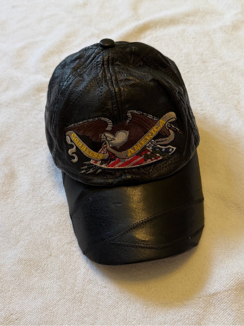 Men's Black God Bless America Leather Baseball Cap with Eagle Patch